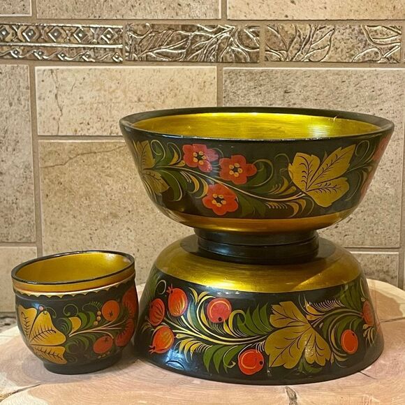 Russian Khokhloma Hand Painted Vintage Wooden Folk Art Bowl Set - Picture 2 of 16